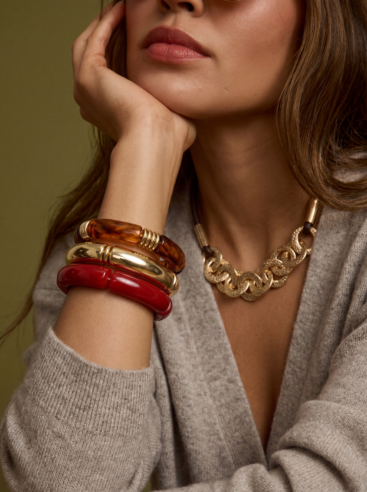 Chocolate & Gold Statement Chain Necklace MODEL ANDREA BUCCI